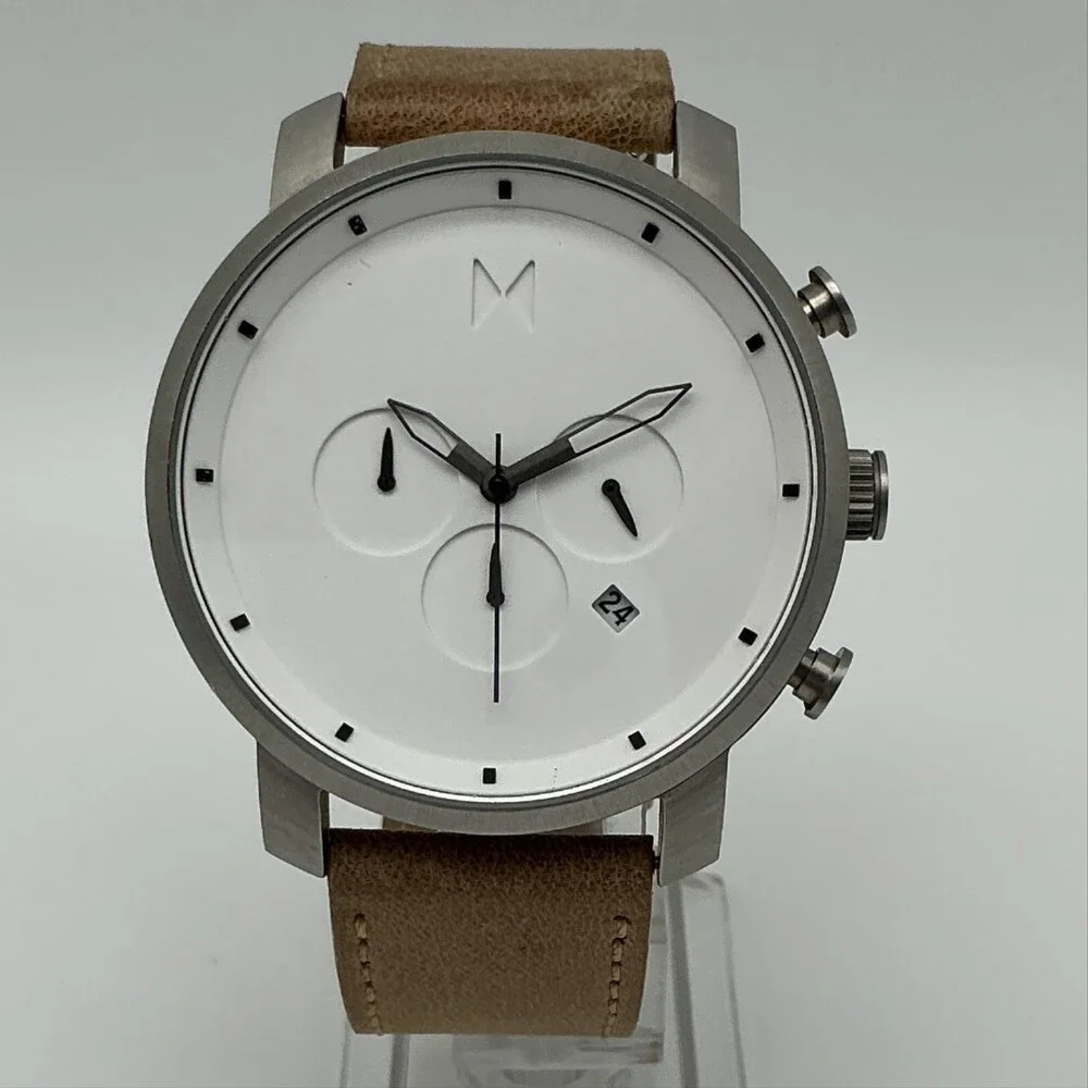 MVMT C30 Mens Watch 45mm White Dial Brown Leather Chronograph New Battery